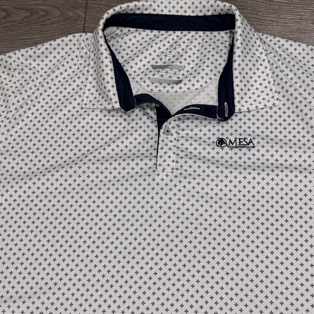 Swannies Golf Polo Shirt Mens 2XL White Geometric Pattern AOP Performance Preppy